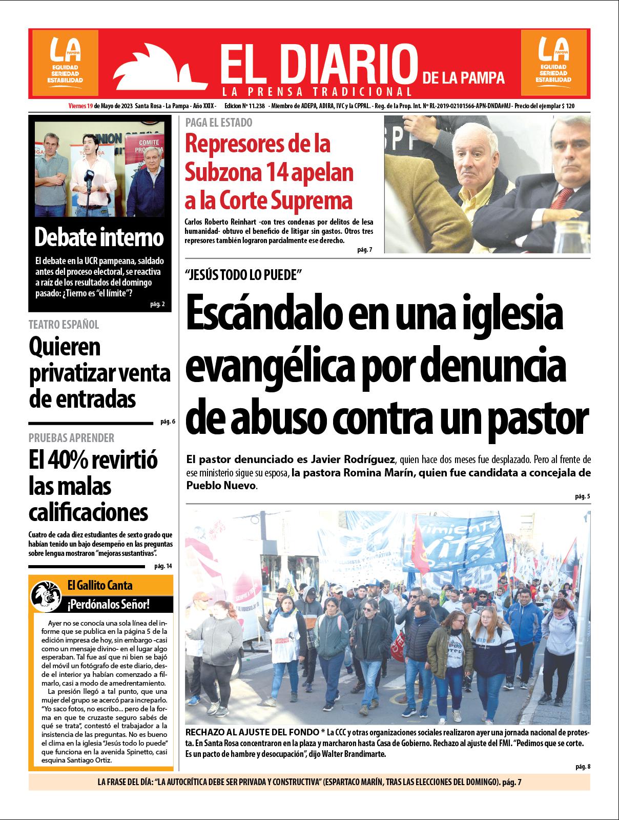 Tapa de El Diario en papel  viernes 19 de mayo de 2023